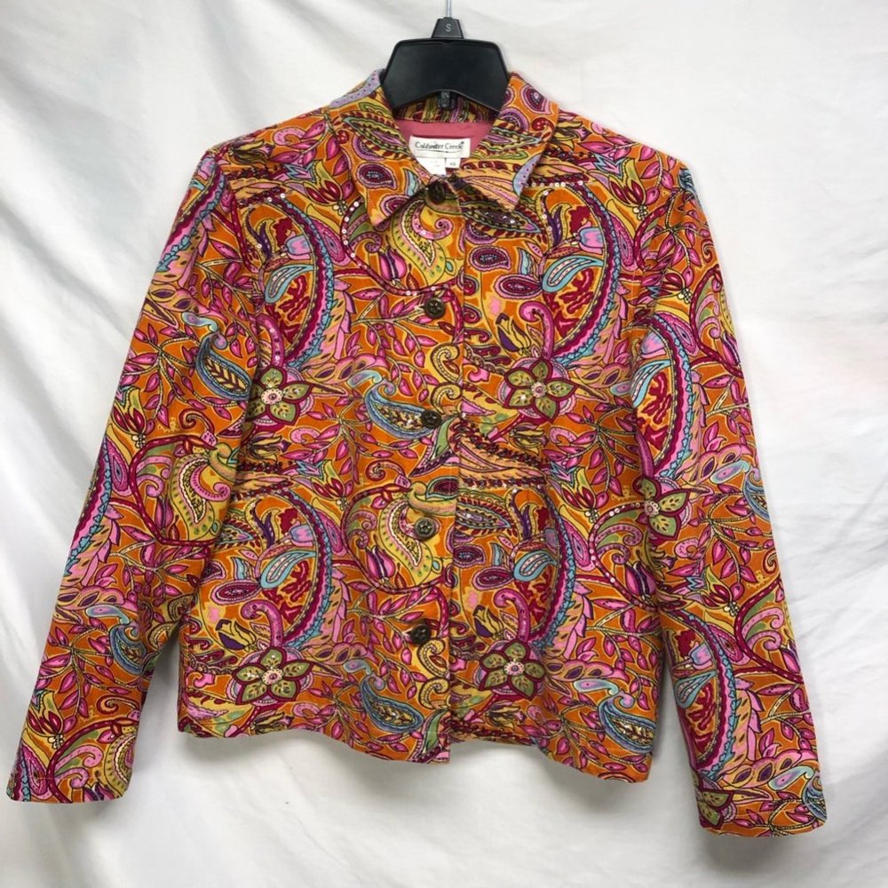 Coldwater Creek Womens Suit Blazer Orange Pink Paisley Sequin Lined Cotton XS